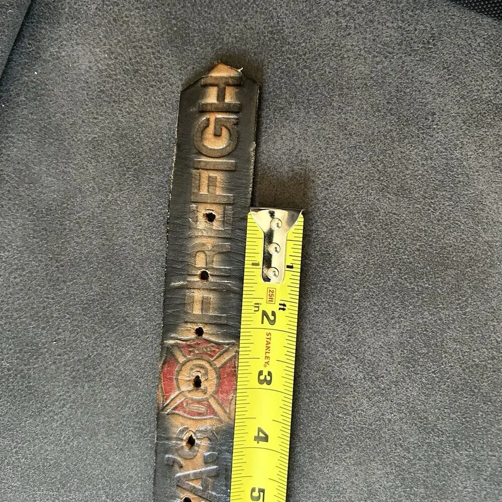 Vtg Americas Firefighters Mens Genuine Leather Belt Gold Buckle Fire Dept READ**